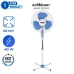Schlëizer Ventilateur posable sur pied - 3 vitesses - 45W - 40 Cm - Blanc/Bleu