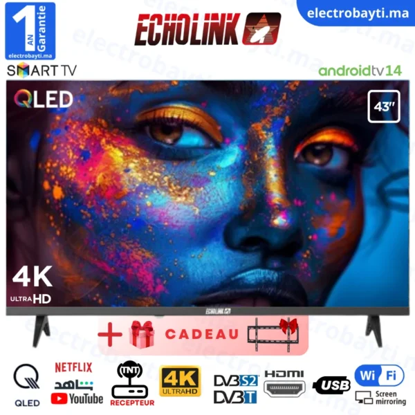 ECHOLINK - 43" - QLED 4K UHD - SMART TV Android 14 - Wi-Fi, Bluetooth, DVB-T2/S2 + Support
