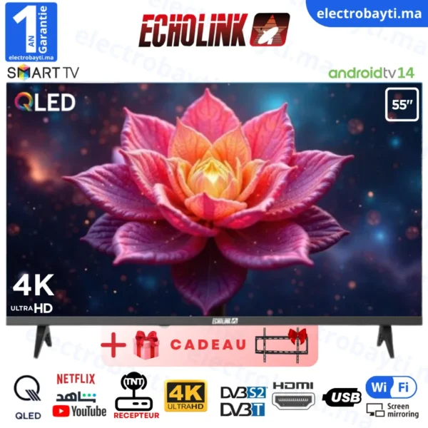 ECHOLINK - 55" - QLED 4K UHD - SMART TV Android 14 - Wi-Fi, Bluetooth, DVB-T2/S2 + Support